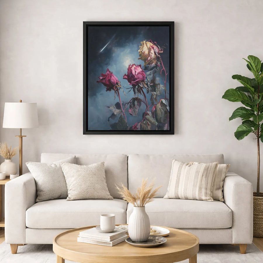 Dark Moody Rose Wall Art | Wilting Roses Under Shooting Star Painting | Premium Gallery Canvas | Gift for Botanical & Celestial Art Lovers