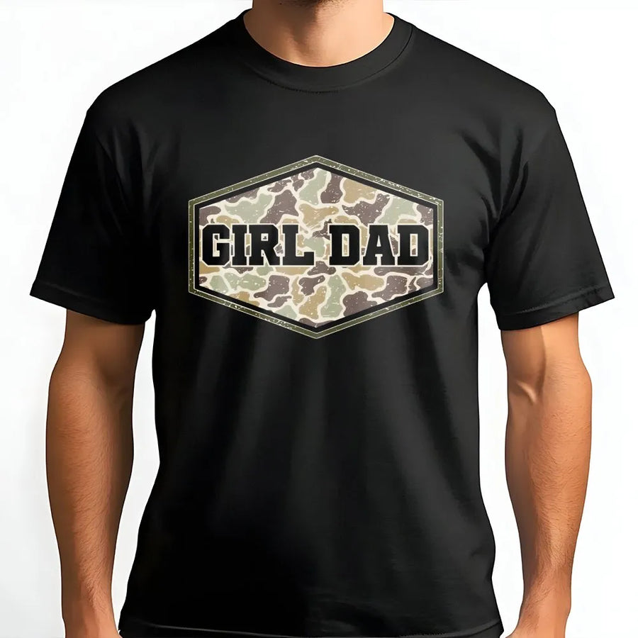 Camo Girl Dad T-Shirt | Distressed Hunting Graphic Crewneck | Premium Cotton Blend | Fathers Day Gift for Outdoorsman & Hunter Dad