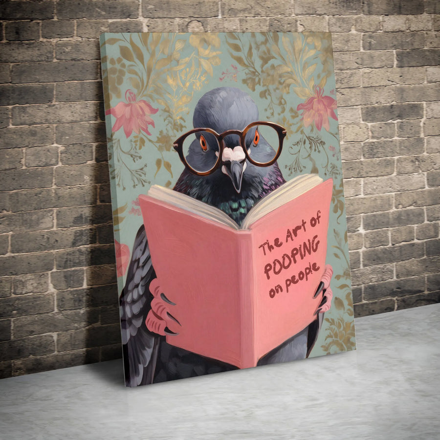Funny Pigeon Wall Art | Reading Bird With Glasses Print | Premium Gallery Wrapped Canvas | Quirky Home Office Decor Gift
