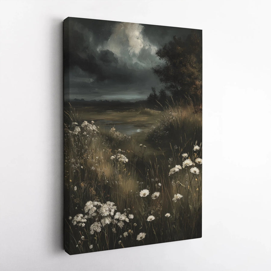 Moody Landscape Wall Art | Stormy Meadow With White Wildflowers | Premium Gallery Wrapped Canvas | Dark Academia Home Decor