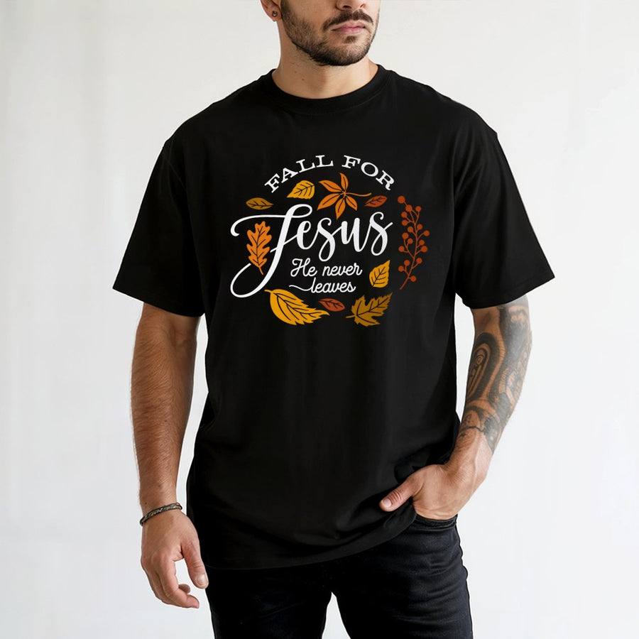 Fall For Jesus T-Shirt | Christian Faith Autumn Graphic Tee | Premium 100% Cotton Shirt | Religious Thanksgiving Gift for Women & Men