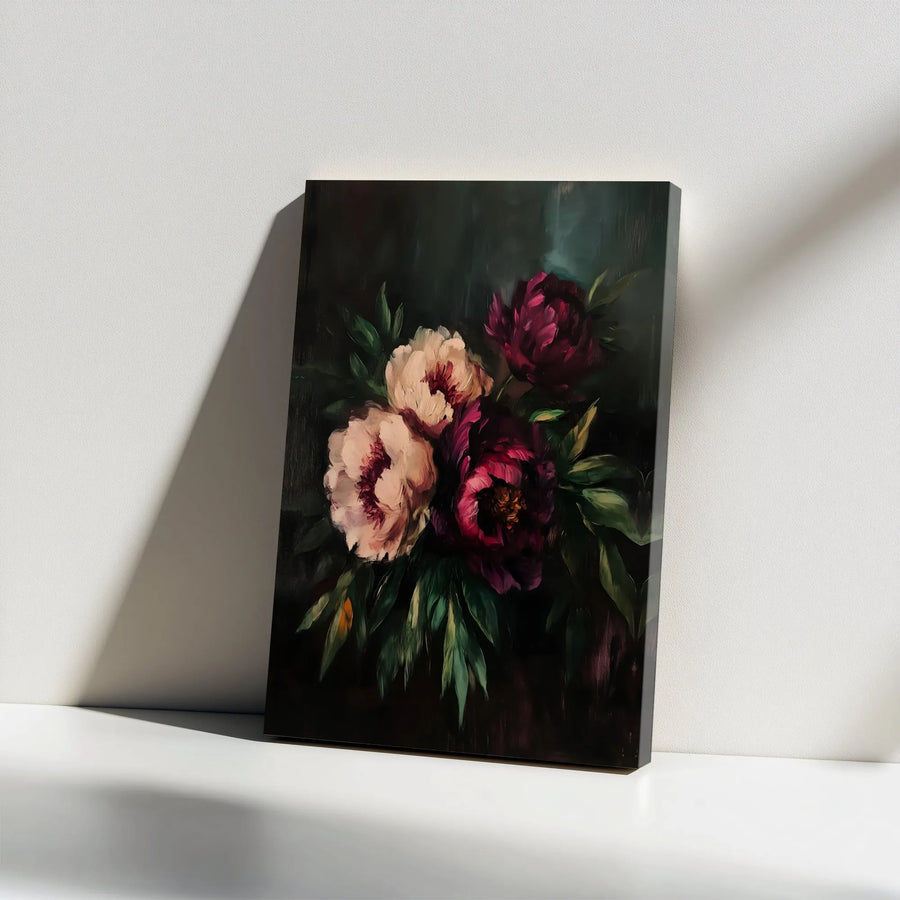 Moody Peony Floral Canvas Print | Dark Botanical Oil Painting Style | 1.25 Inch Gallery Wrap | Elegant Wall Art for Home Decor