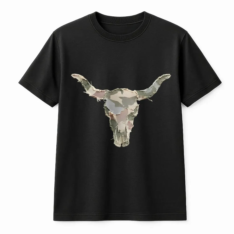 Western Cow Skull T-Shirt | Camo Patchwork Longhorn Graphic | Soft Comfort Colors Tee | Rustic Farmhouse Gift for Men and Women