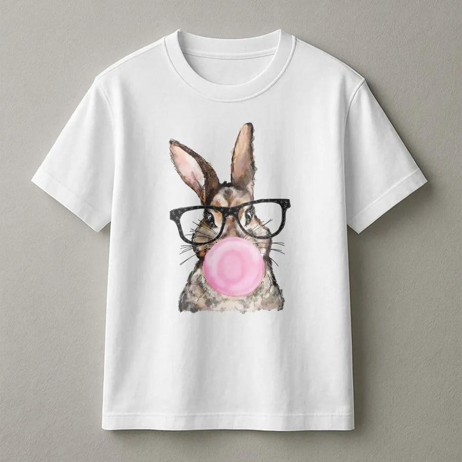 Easter Bunny T-Shirt | Cute Rabbit With Glasses And Bubble Gum | 100% Cotton Premium Graphic Tee | Fun Holiday Gift For Rabbit Lovers