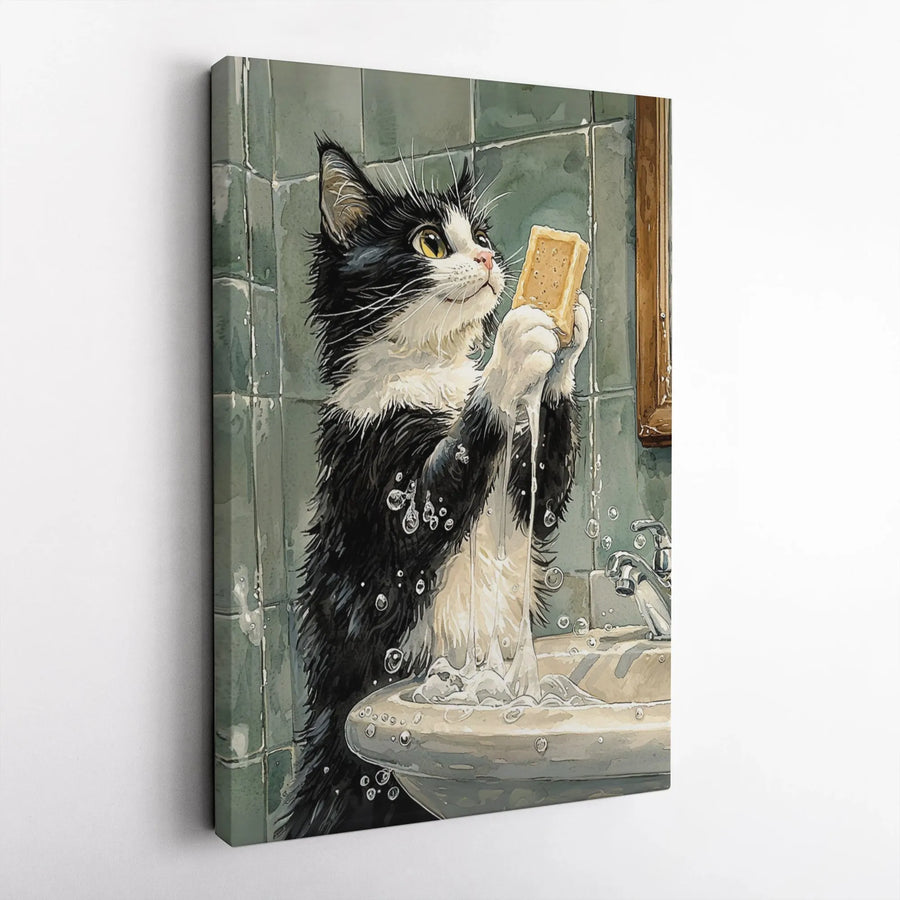 Tuxedo Cat Wall Art | Funny Bathroom Sink Canvas Print | Premium Gallery Wrapped Decor | Whimsical Animal Lover Gift for Bathroom