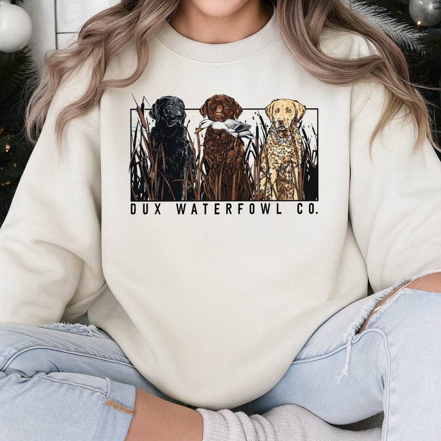 Dux Waterfowl Hunting Dog Sweatshirt | Labrador Retriever Trio Graphic | Soft Cotton Blend Unisex Pullover | Premium Gift for Duck Hunter