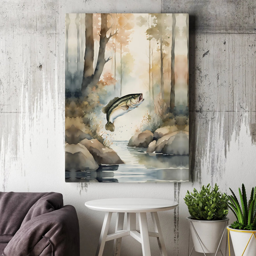 Largemouth Bass Fishing Canvas Art | Watercolor Forest River Print | Premium Gallery Wrapped Decor | Gift for Angler & Fisherman
