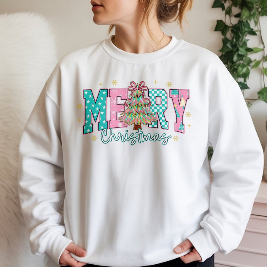Merry Christmas Sweatshirt | Pastel Checkered Tree Graphic | Premium Cotton Blend | Cute Aesthetic Holiday Gift for Women