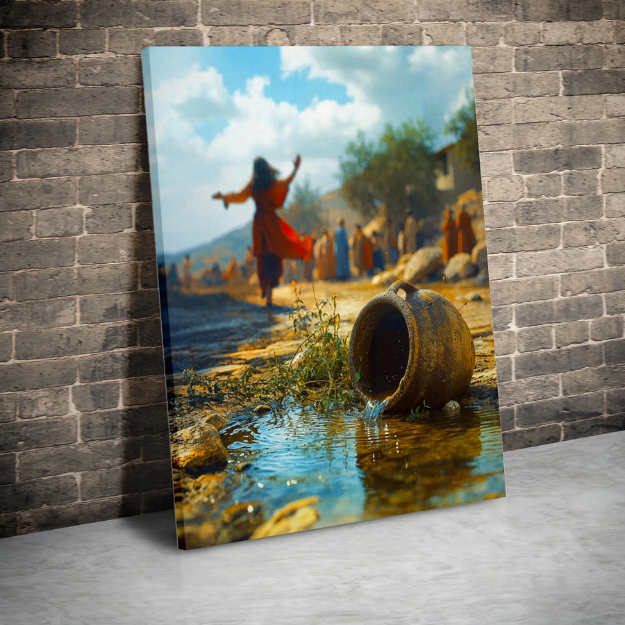 Living Water Canvas Wall Art | Biblical Miracle Scene with Spilling Jar | Premium Gallery Wrapped Canvas | Christian Home Decor Gift