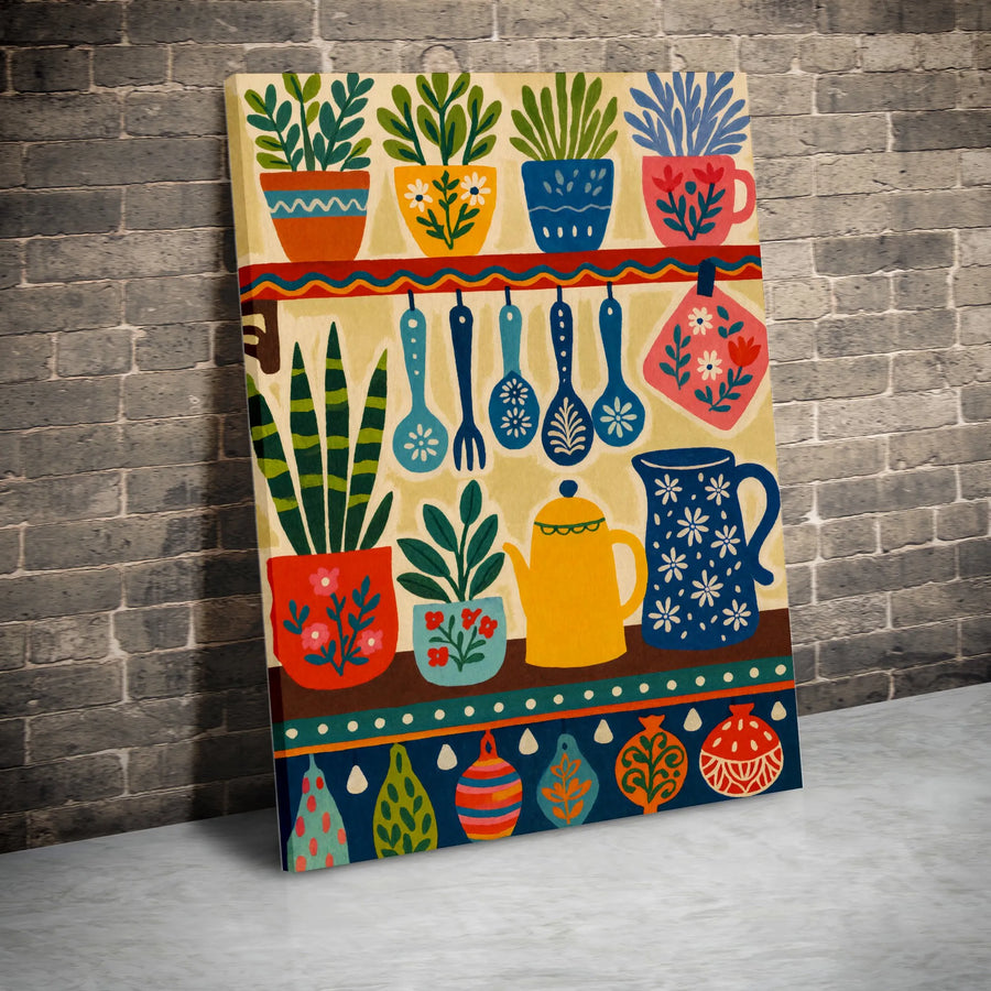 Folk Art Kitchen Canvas Wall Art | Colorful Botanical Still Life Print | Premium Gallery Wrapped Canvas | Boho Dining Room Decor & Housewarming Gift