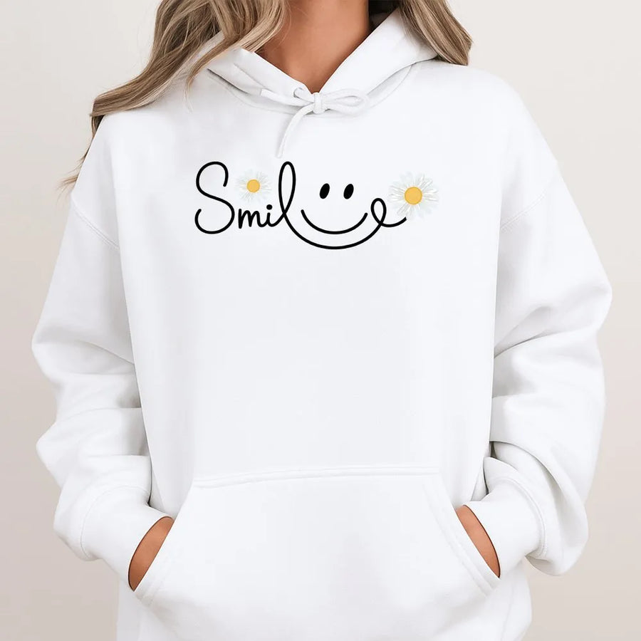 Smiley Daisy Hoodie | Cute Aesthetic Floral Smile Graphic | Premium Cotton-Poly Blend | Unisex Gift for Her or Him