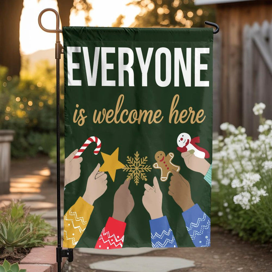 Everyone Is Welcome Here Garden Flag | Inclusive Diversity Christmas Decor | Premium Weather-Resistant Polyester | Holiday Yard Ornament Gift