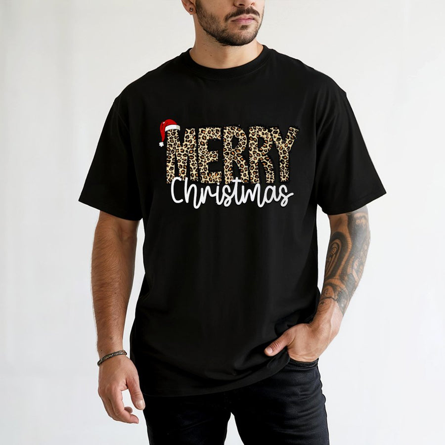 Merry Christmas T-Shirt | Leopard Print Graphic Holiday Tee | 100% Cotton Soft Apparel | Festive Winter Gift for Her