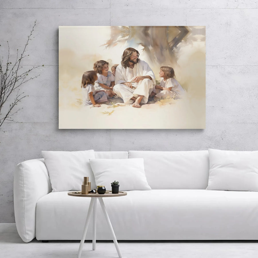 Jesus With Children Canvas Print | Watercolor Christian Wall Art | Premium Gallery Wrap Decor | Religious Home Gift for Nursery or Living Room