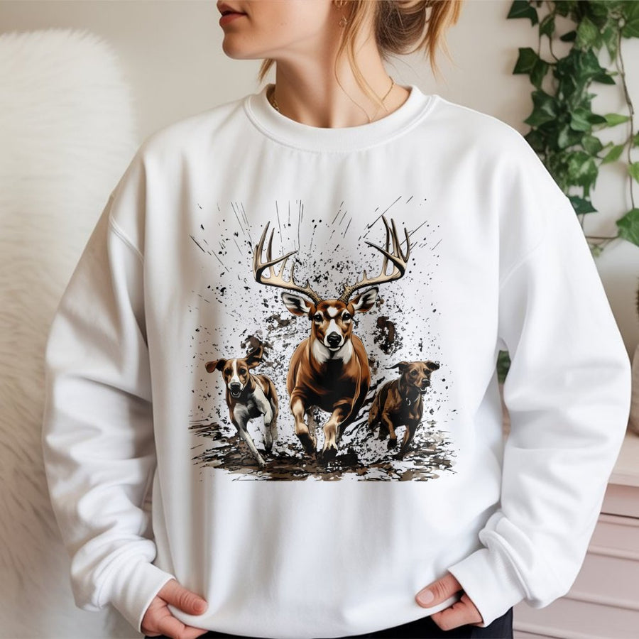 Hunting Sweatshirt | Running Buck and Hound Dogs Graphic | Premium Cotton Blend | Country Life Apparel Gift for Hunters