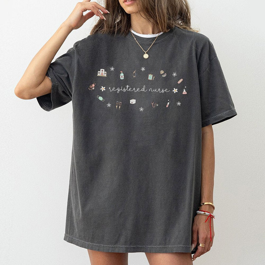 Registered Nurse T-Shirt | Cute Medical Doodle Design | 100% Soft Cotton | Nurse Appreciation Gift for Nursing Students and RN Professionals