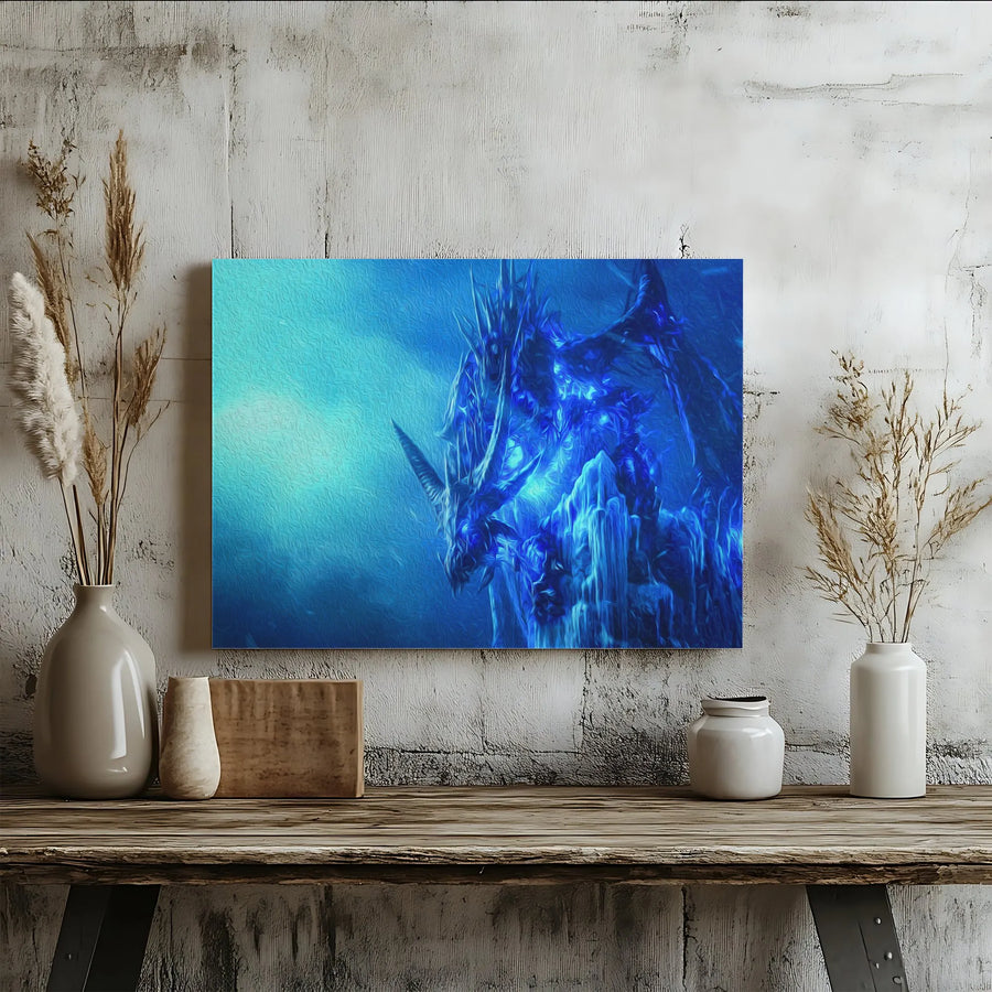 Blue Ice Dragon Canvas Wall Art | Glowing Fantasy Creature Illustration | Premium Gallery Wrapped Decor | Gift For Gamer Or Dragon Lover