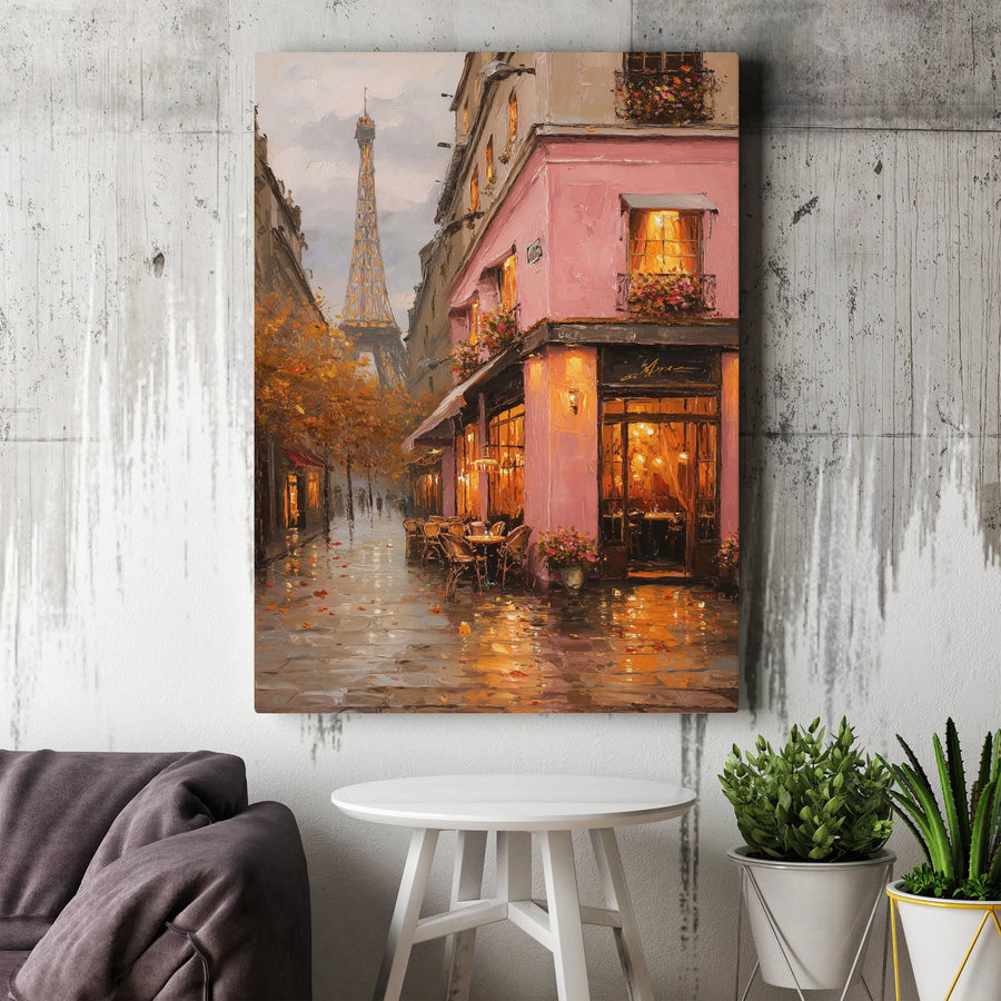 Rainy Paris Canvas Wall Art | Romantic Eiffel Tower Cafe Painting | Premium Gallery Print | French Themed Living Room Decor Gift