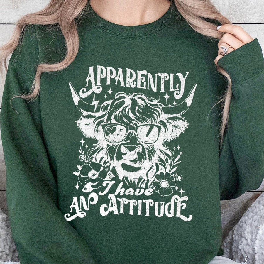 Highland Cow Sweatshirt | Apparently I Have An Attitude Graphic | Premium Cotton Blend | Funny Farm Animal Gift For Women And Cow Lovers