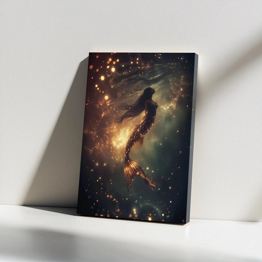 Mystical Mermaid Canvas Wall Art | Golden Light Underwater Fantasy Print | Premium Fade-Resistant Ink | Mythical Home Decor Gift