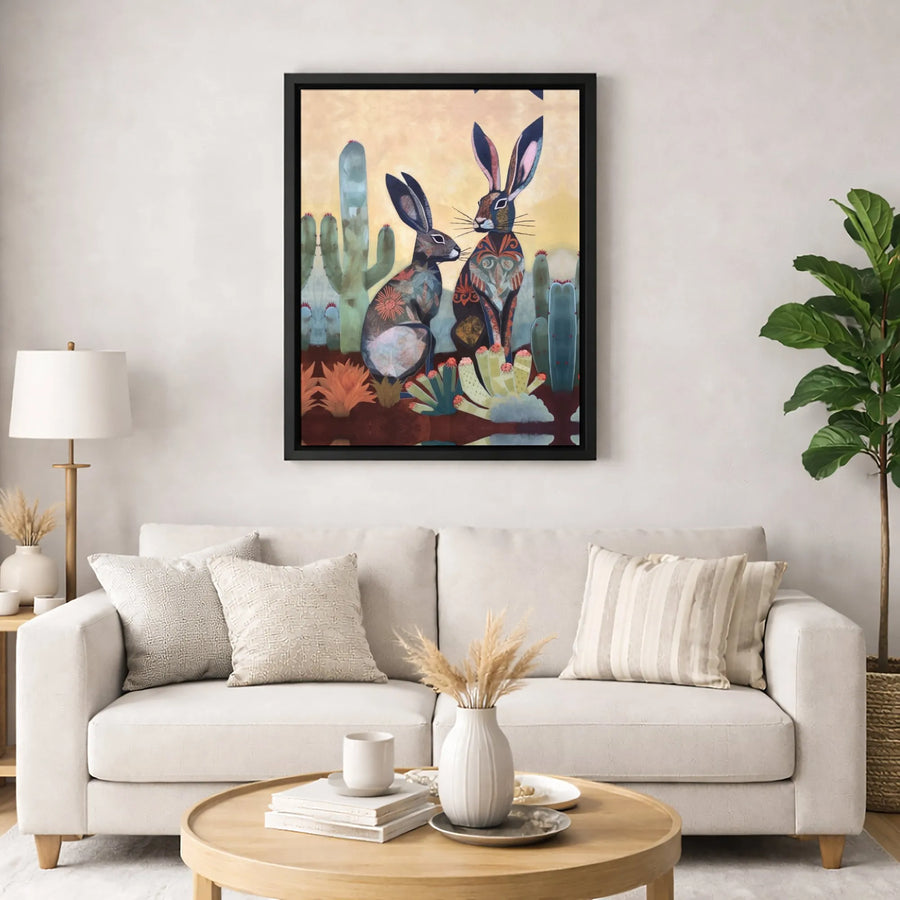 Desert Rabbit Canvas Wall Art | Folk Art Patterned Hares in Cactus Garden | Premium Gallery-Wrapped Print | Southwest Home Decor Gift