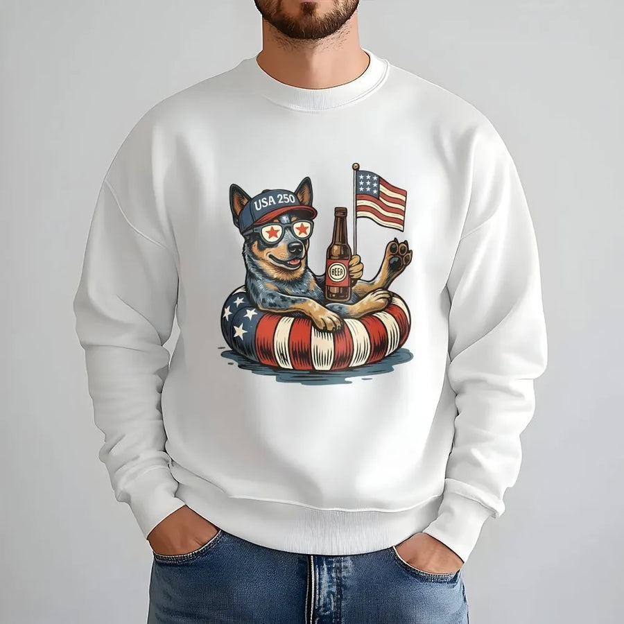 USA 250 Patriotic Dog Sweatshirt | Funny Blue Heeler with American Flag | Soft Cotton Blend | 4th of July Gift for Men and Women