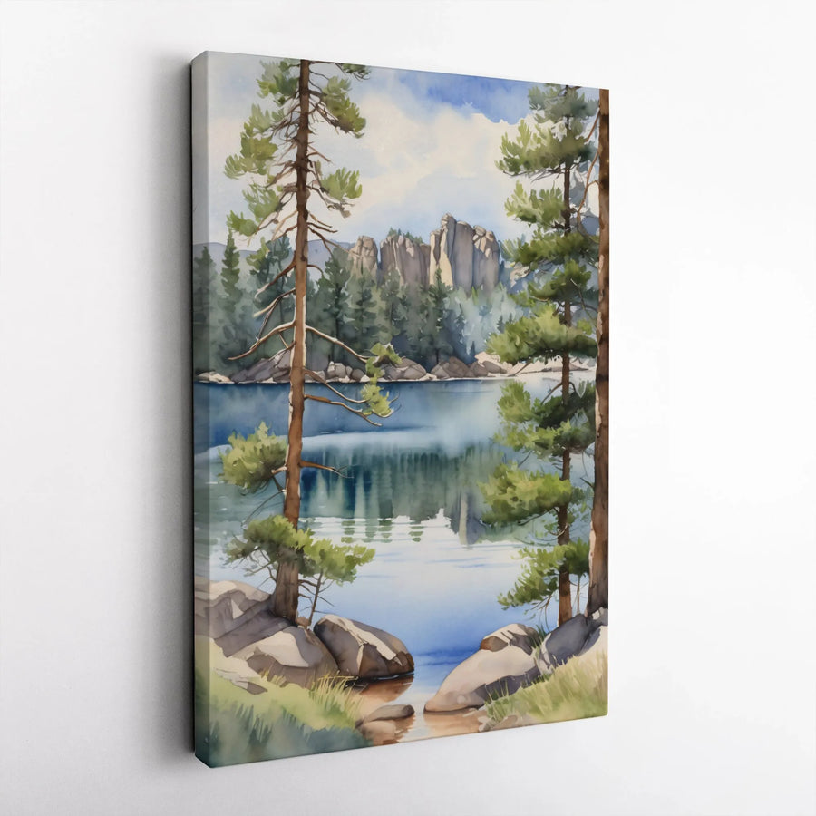 Mountain Lake Canvas Wall Art | Watercolor Pine Forest Landscape | Premium Gallery Wrapped Canvas | Rustic Cabin Decor Gift for Nature Lovers
