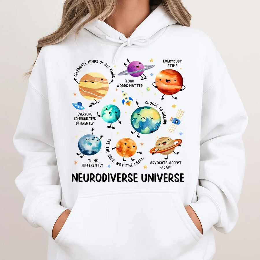 Neurodiverse Universe Hoodie | Cute Space Planet Graphic | Soft Cotton Tee | Gift for Special Education Teacher