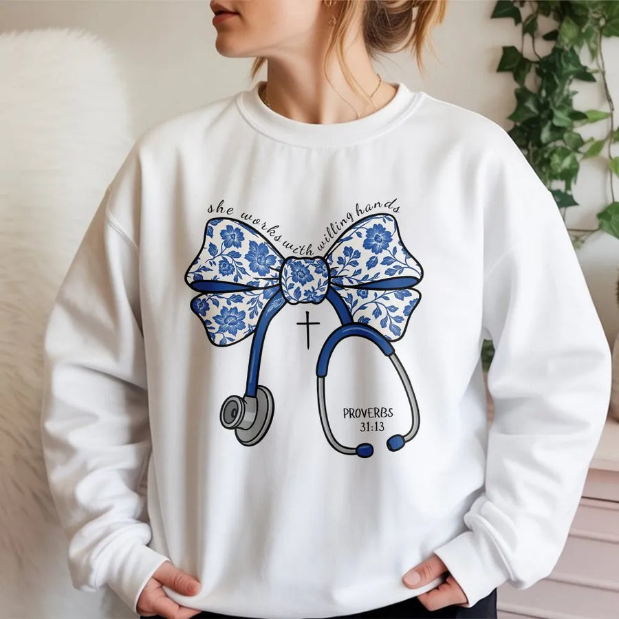 Christian Nurse Sweatshirt | Proverbs 31 She Works With Willing Hands | Soft Cotton Faith Top | Nurse Appreciation Week Gift for Her