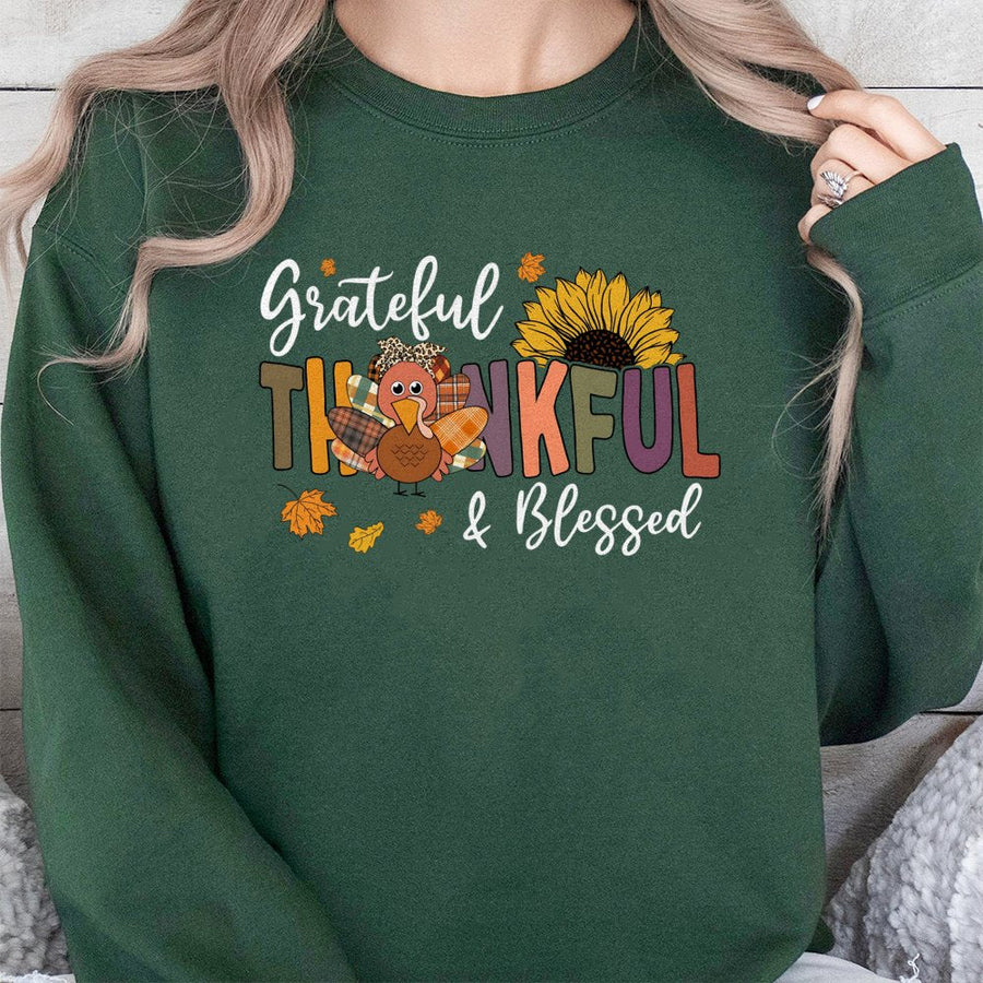 Grateful Thankful Blessed Sweatshirt | Cute Turkey Sunflower Fall Design | Cotton Blend Crewneck | Thanksgiving Gift For Women And Families