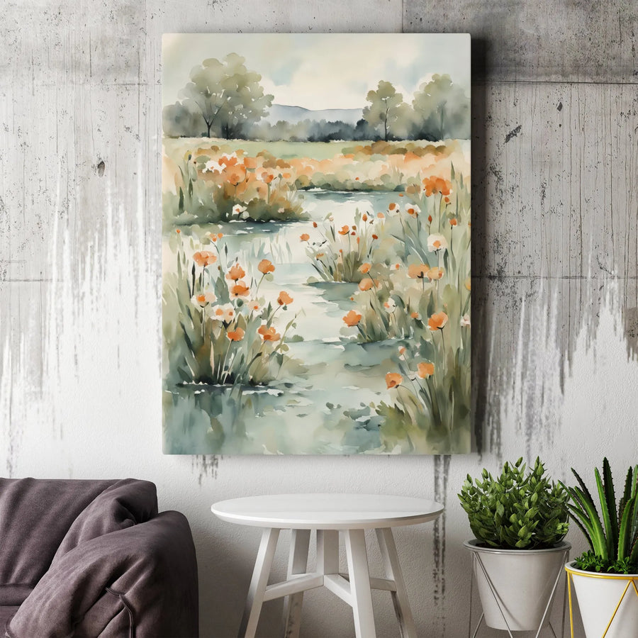 Watercolor Wildflower River Canvas | Boho Botanical Wall Art | Premium Gallery Wrapped Print | Farmhouse Living Room Decor Gift