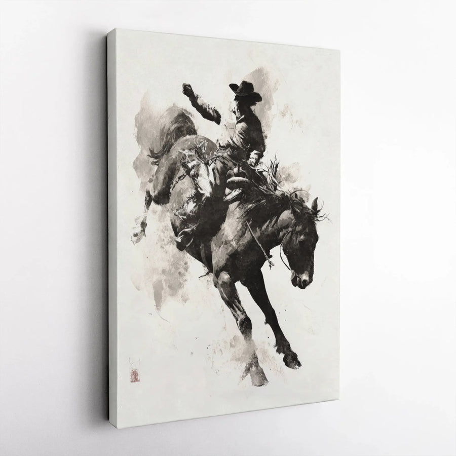 Rodeo Cowboy Canvas Art | Bucking Bronco Ink Wash Painting | Premium Gallery Wrap Wall Decor | Western Living Room Gift for Him
