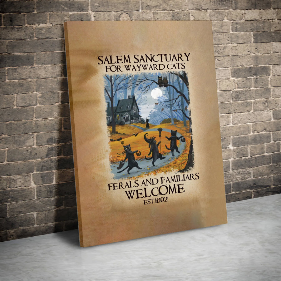 Salem Sanctuary Black Cat Wall Art | Witchy Halloween Decor Print | Premium 1.25-Inch Gallery Canvas | Unique Gift For Cat Lovers And Witches
