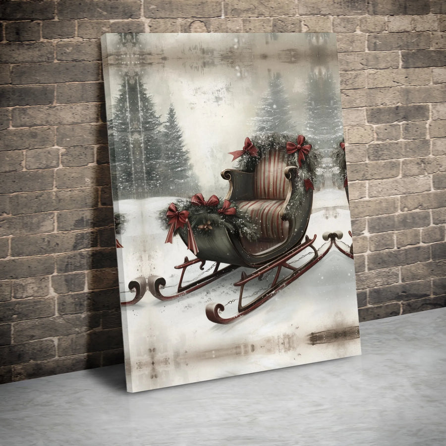 Vintage Christmas Sleigh Canvas Art | Snowy Winter Forest Landscape | Premium 1.25-Inch Gallery Wrap | Festive Holiday Wall Decor for Home