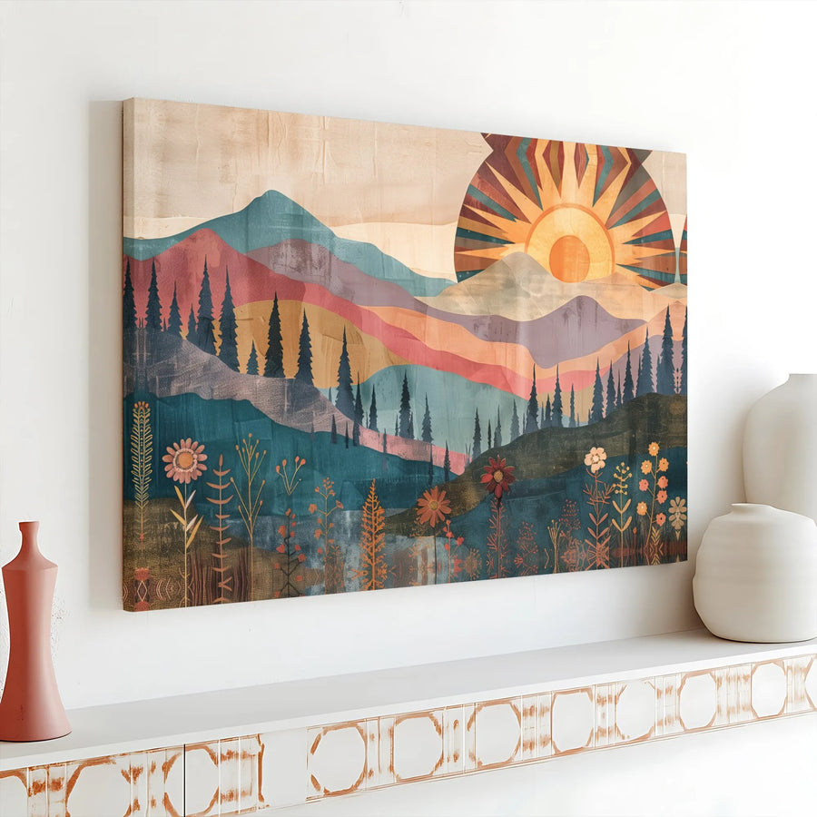 Boho Mountain Wall Art | Retro Sunset and Wildflower Landscape Print | Premium Fade-Resistant Canvas | Modern Cabin Home Decor Gift