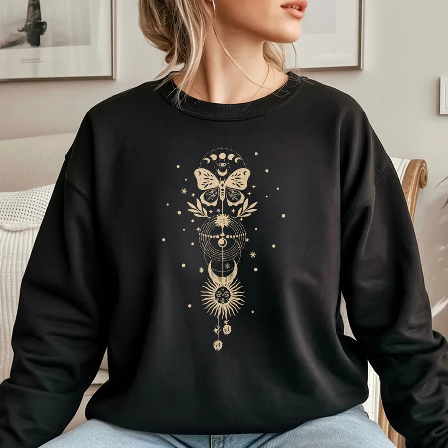 Celestial Sweatshirt | Vintage Sun Moon & Moth Graphic | Soft Cotton Blend | Witchy Boho Astrology Gift for Women