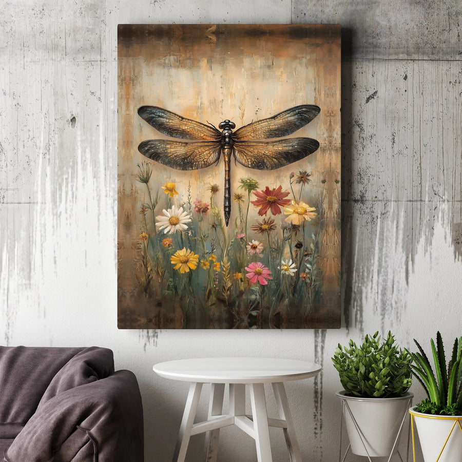 Dragonfly Wildflower Canvas Print | Rustic Botanical Insect Art | Premium Gallery Wrapped Canvas | Nature Lover Home Decor Gift