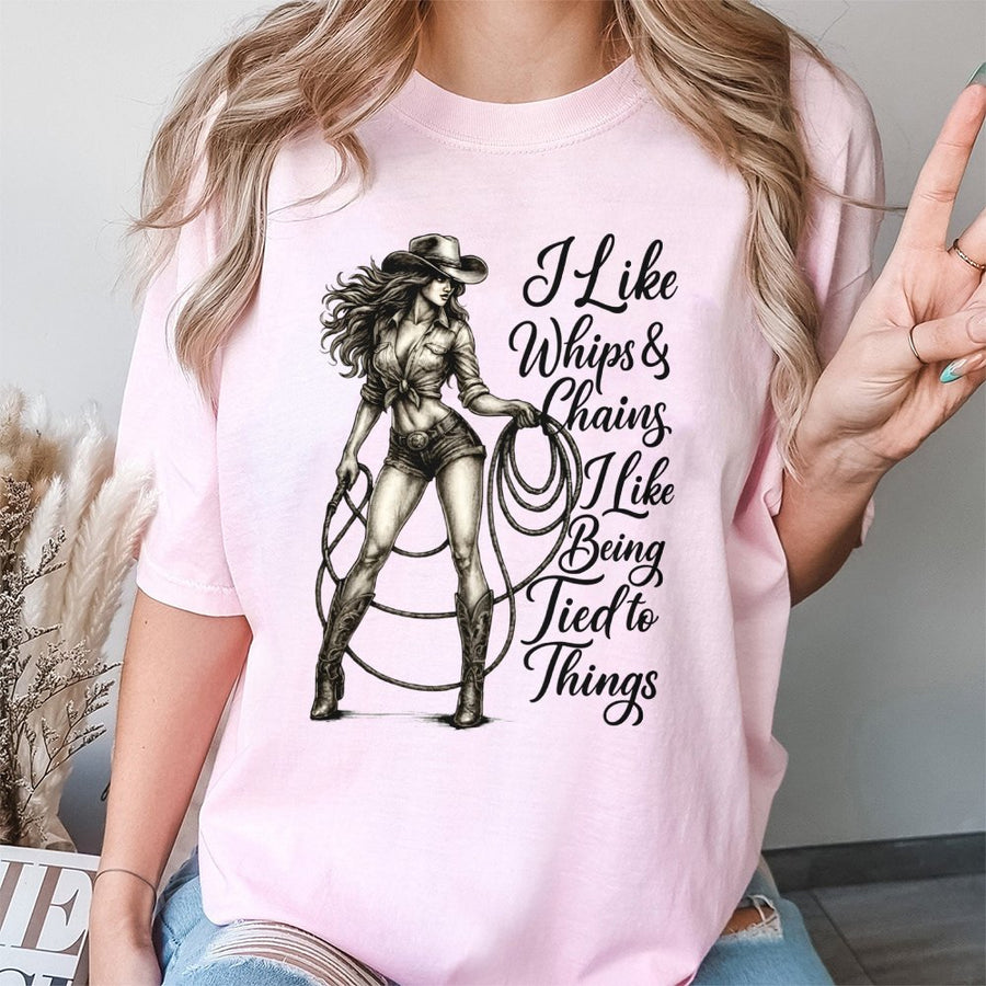 Cowgirl Graphic T-Shirt | Whips and Chains Country Western Design | Premium 100% Cotton | Funny Rodeo Gift for Women and Men