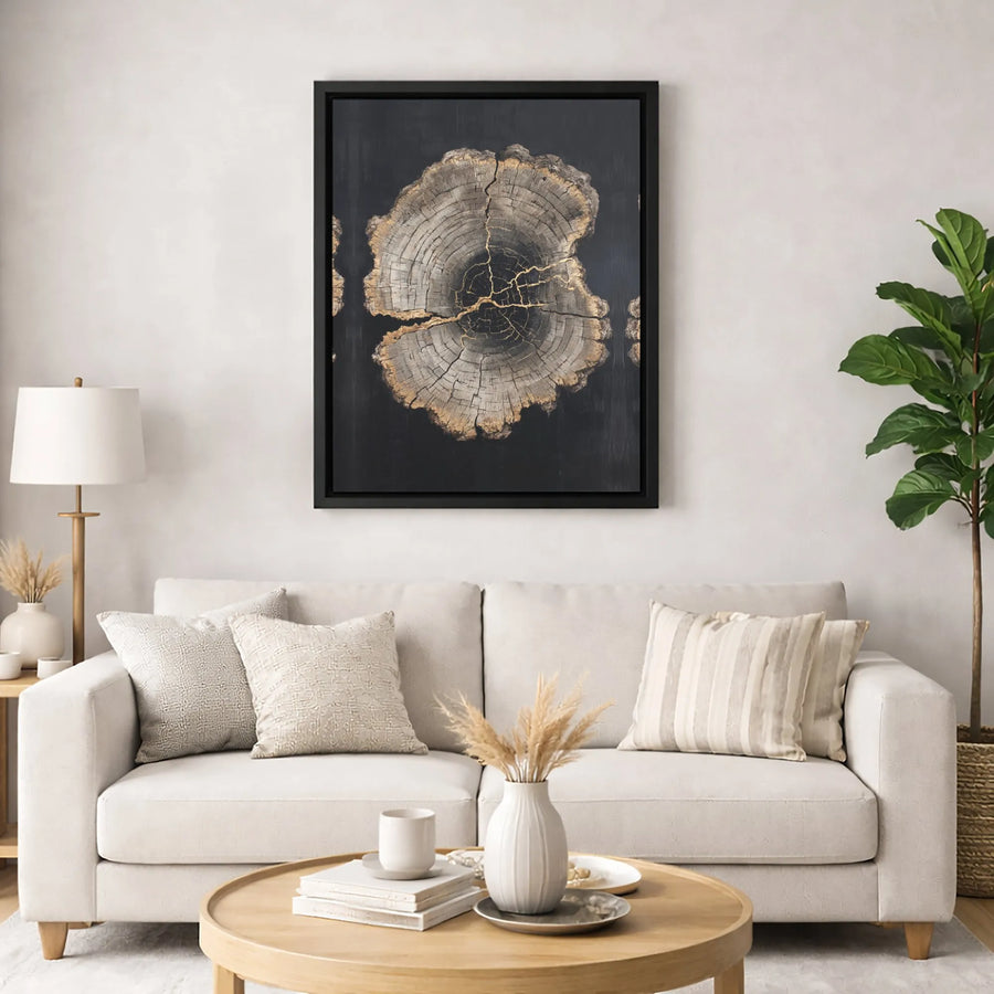 Tree Ring Canvas Wall Art | Golden Kintsugi Style Wood Slice | Premium 1.25 Inch Gallery Wrap | Modern Home Decor Gift