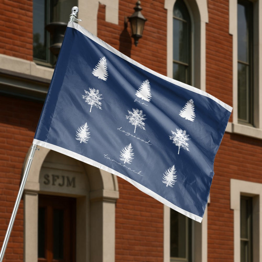 Botanical Tree House Flag | Minimalist Fir Dogwood Tamarack Forest Print | Weather-Resistant Polyester | Outdoor Yard Decor Gift