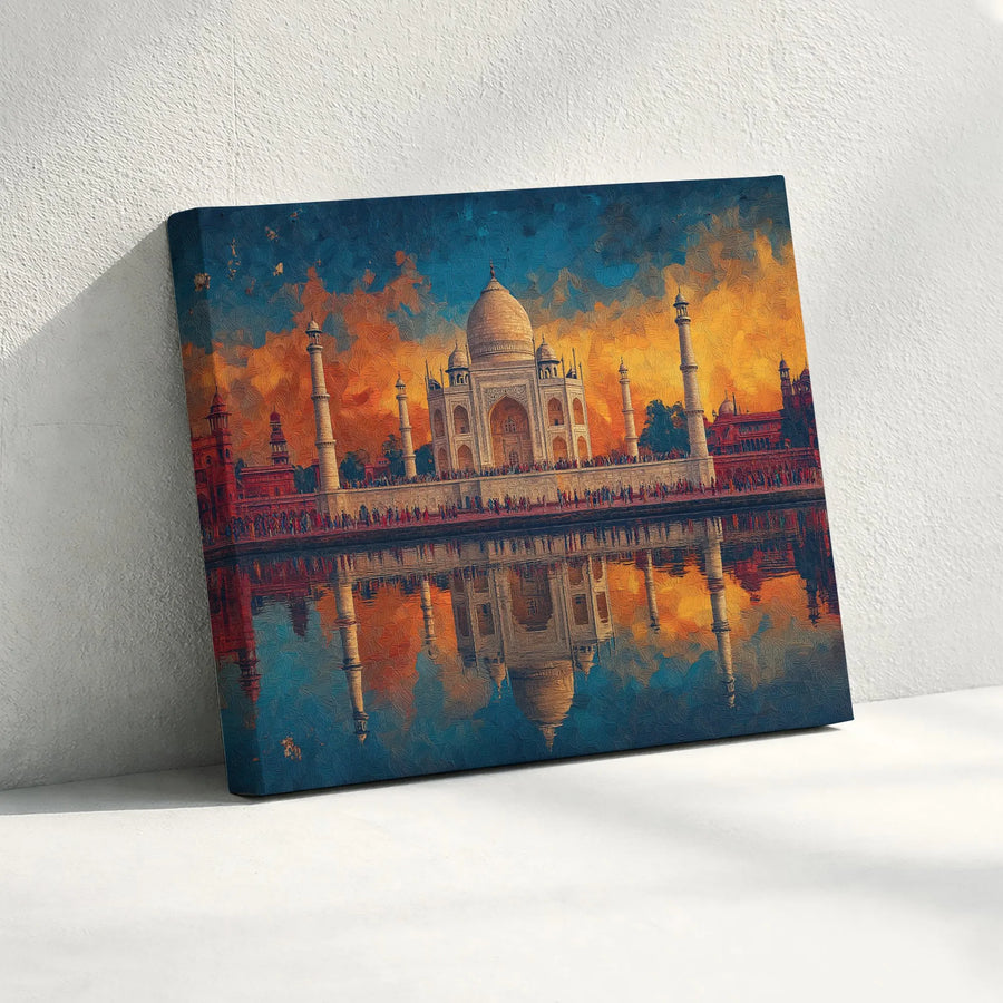 Taj Mahal Canvas Wall Art | Vibrant Impressionist Sunset Painting Print | Premium Gallery Wrapped Canvas | India Landmark Decor Gift for Traveler