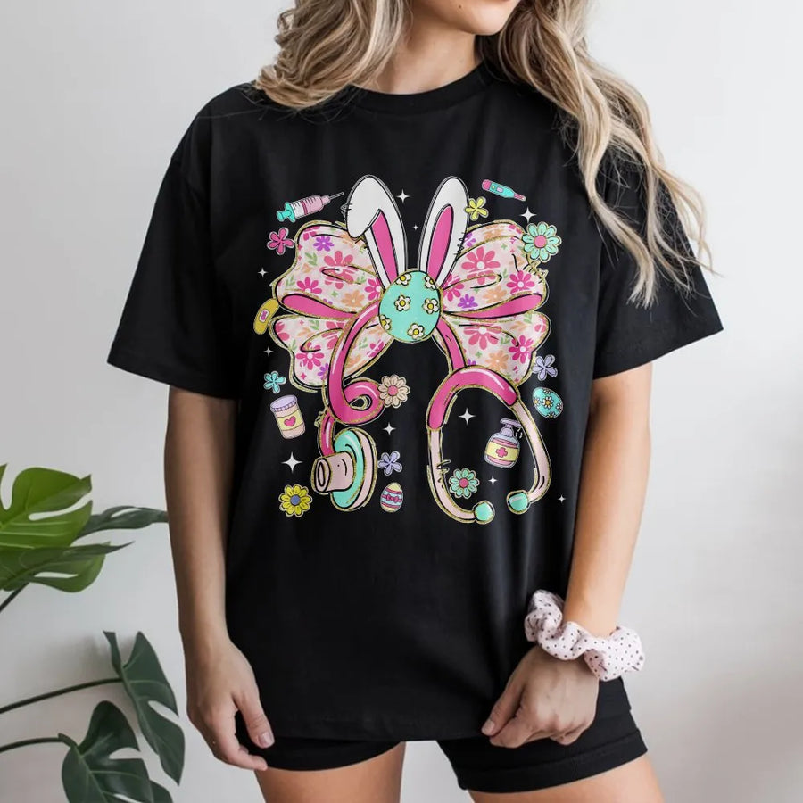 Nurse Easter T-Shirt | Stethoscope Bunny Ears Floral Bow Graphic | 100% Cotton Premium Tee | Cute RN Nursing Student Spring Gift