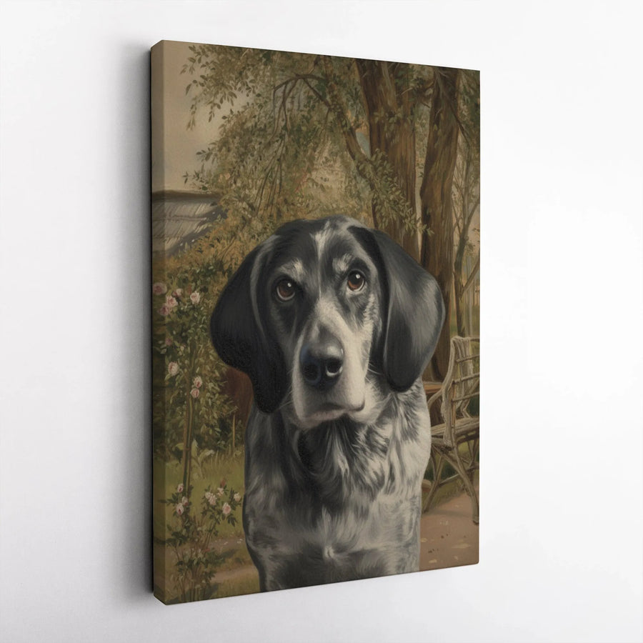 Bluetick Coonhound Canvas Art | Vintage Style Dog Garden Portrait | Premium Gallery Wrap Wall Decor | Hunting Dog Lover Gift