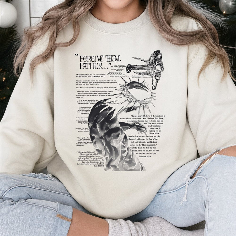 Forgive Them Father Bible Verse Sweatshirt | Crown of Thorns Christian Graphic | Premium Cotton Blend | Faith-Based Religious Gift for Men and Women