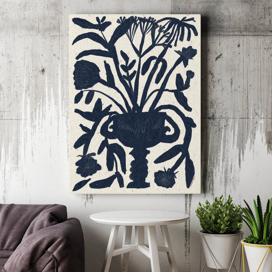 Abstract Floral Canvas Wall Art | Navy Blue Swan Vase Bouquet | Gallery Quality Gallery Wrap | Modern Botanical Home Decor Gift