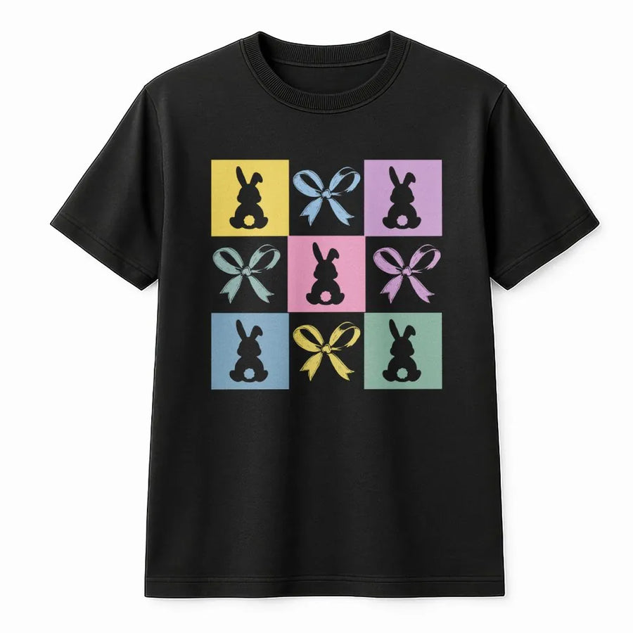 Easter Bunny T-Shirt | Pastel Checkered Rabbit & Bow Graphic | 100% Cotton Premium Tee | Cute Spring Holiday Gift for Women & Kids