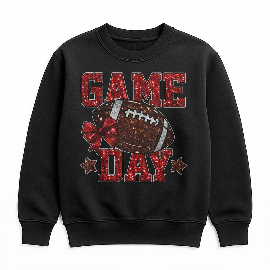 Game Day Football Sweatshirt | Red Glitter Bow Graphic | Premium Cotton Blend | Unisex Sports Apparel Gift for Fans