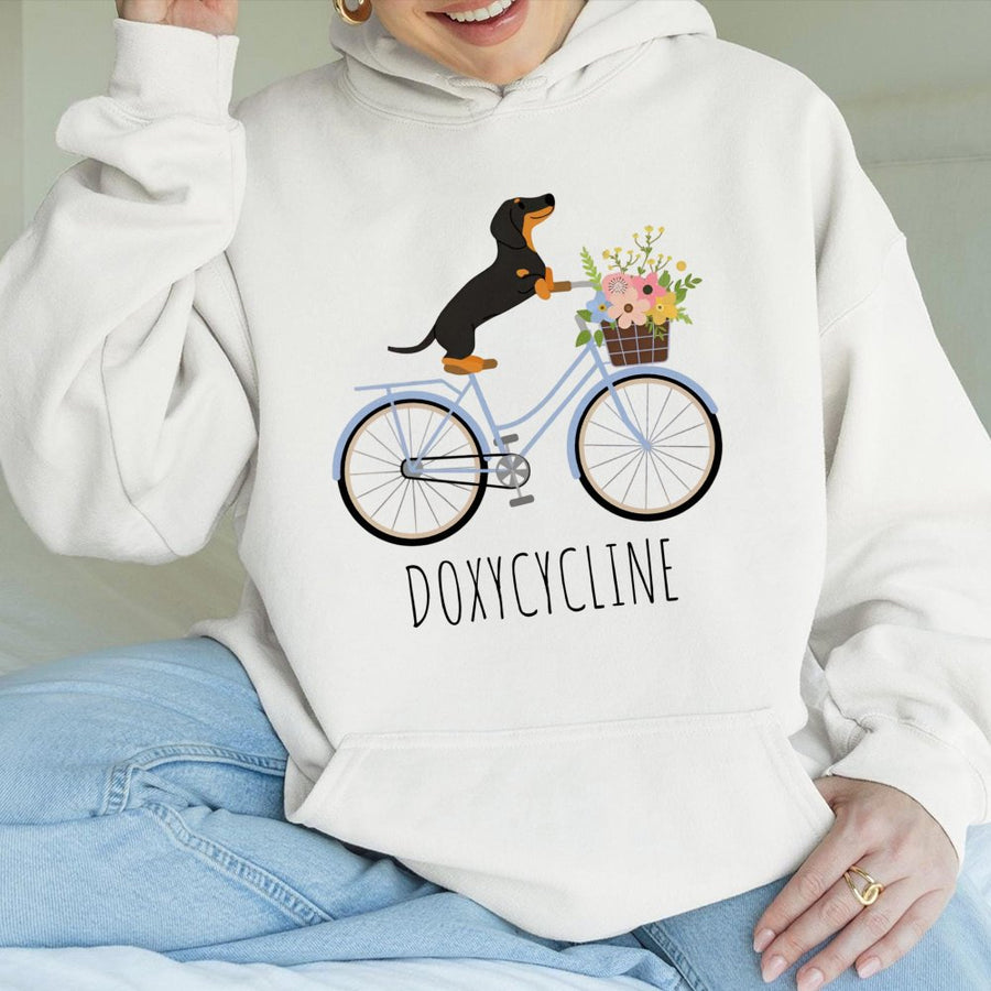 Dachshund Hoodie | Doxycycline Pharmacy Pun Graphic | Premium Cotton Blend | Gift for Pharmacist, Pharmacy Technician or Dog Lover
