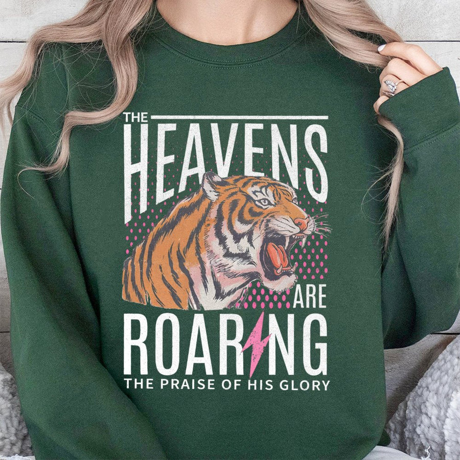 The Heavens Are Roaring Sweatshirt | Tiger Bible Verse Graphic Design | Premium Cotton Blend | Christian Faith Gift for Him and Her