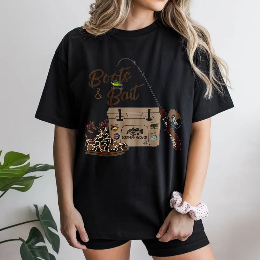 Boots And Bait Fishing T-Shirt | Country Style Bass Fishing Graphic | Premium Soft Cotton Tee | Gift For Anglers And Lake Lovers
